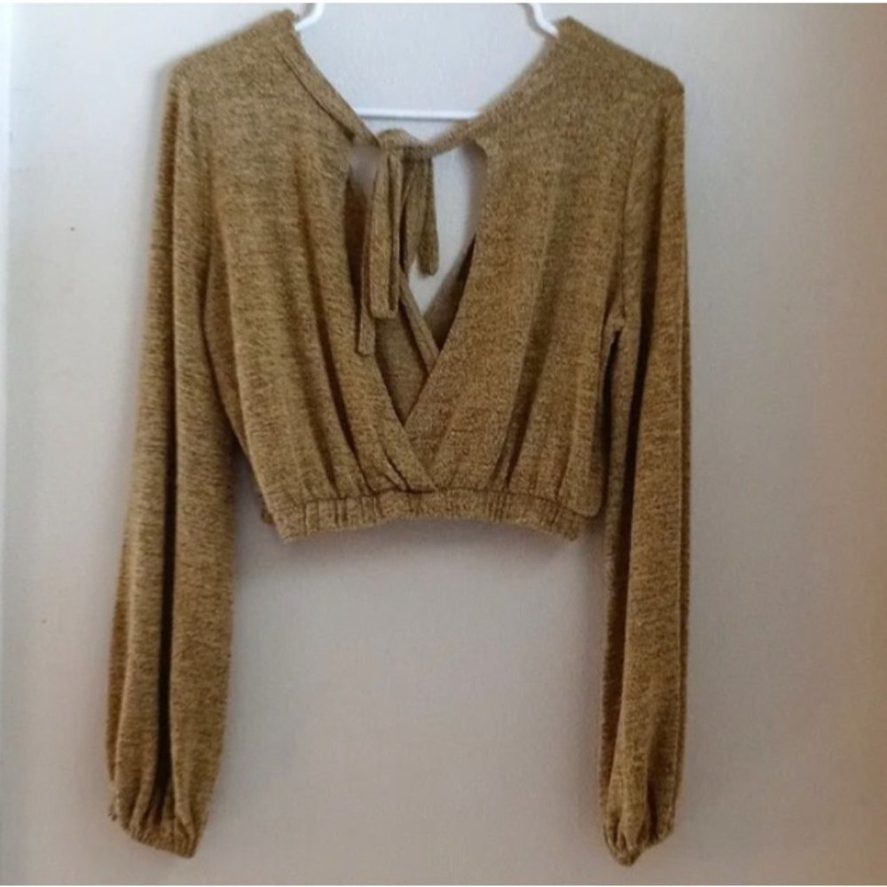 Fika the Brand Crop Womens Brown Fleece Soft Tie Top — Small